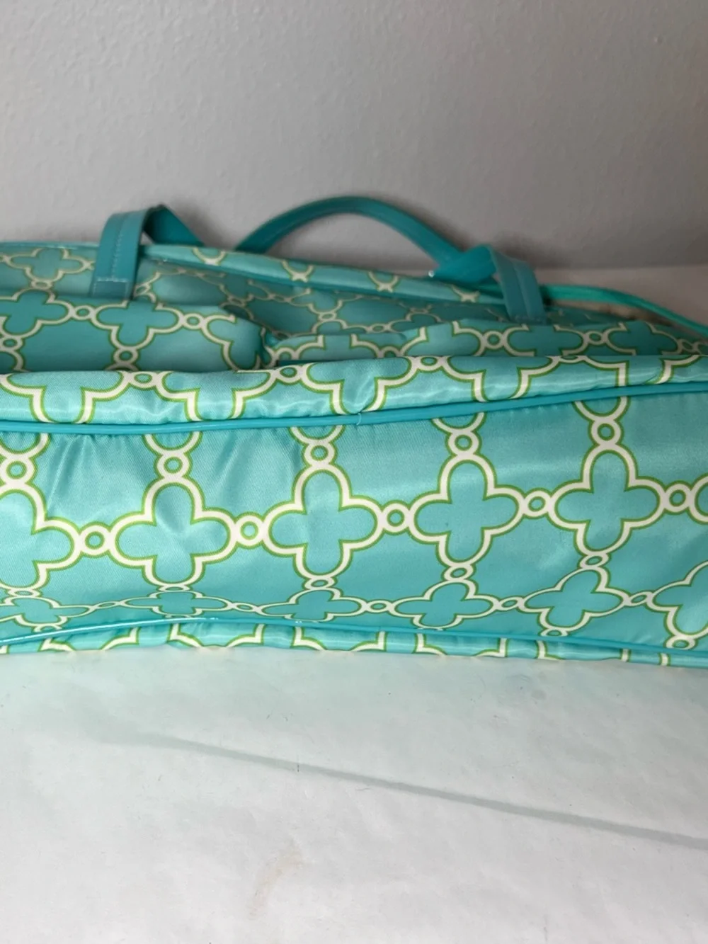 Stella & Dot Aqua Patterned Tote with‎ Lime Accents
